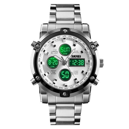 SKMEI Mens Wrist Watch, Waterproof Military Analog Digital Watches with LED Multi Time Chronograph, Stainless Steel Business Quartz Watches for Men
