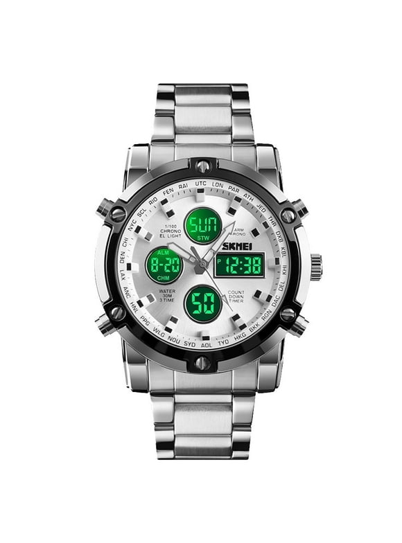 Mens Wrist Watch, Waterproof Military Analog Digital Watches with LED Multi Time Chronograph, Stainless Steel Business Quartz Watches for Men