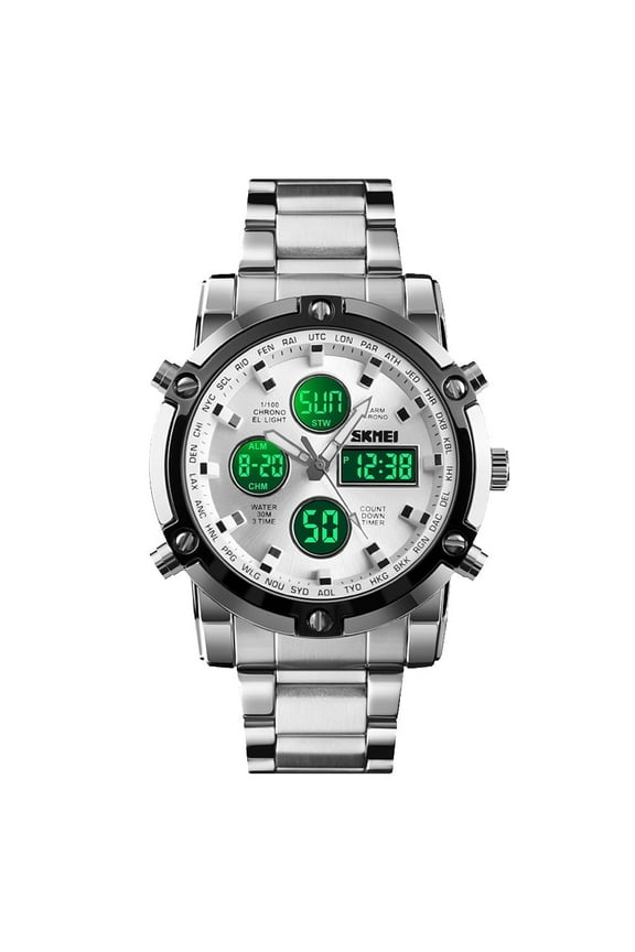 Mens Wrist Watch, Waterproof Military Analog Digital Watches with LED Multi Time Chronograph, Stainless Steel Business Quartz Watches for Men