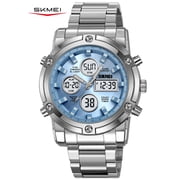 SKMEI Mens Wrist Watch, Waterproof Military Analog Digital Watches with LED Multi Time Chronograph, Stainless Steel Business Quartz Watches for Men