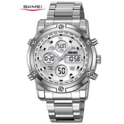 SKMEI Mens Wrist Watch, Waterproof Military Analog Digital Watches with LED Multi Time Chronograph, Stainless Steel Business Quartz Watches for Men