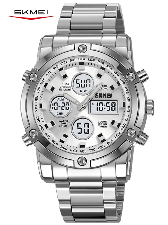 Mens Wrist Watch, Waterproof Military Analog Digital Watches with LED Multi Time Chronograph, Stainless Steel Business Quartz Watches for Men