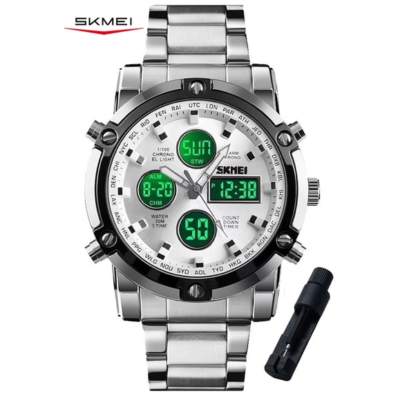 SKMEI Mens Wrist Watch, Waterproof Military Analog Digital Watches with LED Multi Time Chronograph, Stainless Steel Business Quartz Watches for Men