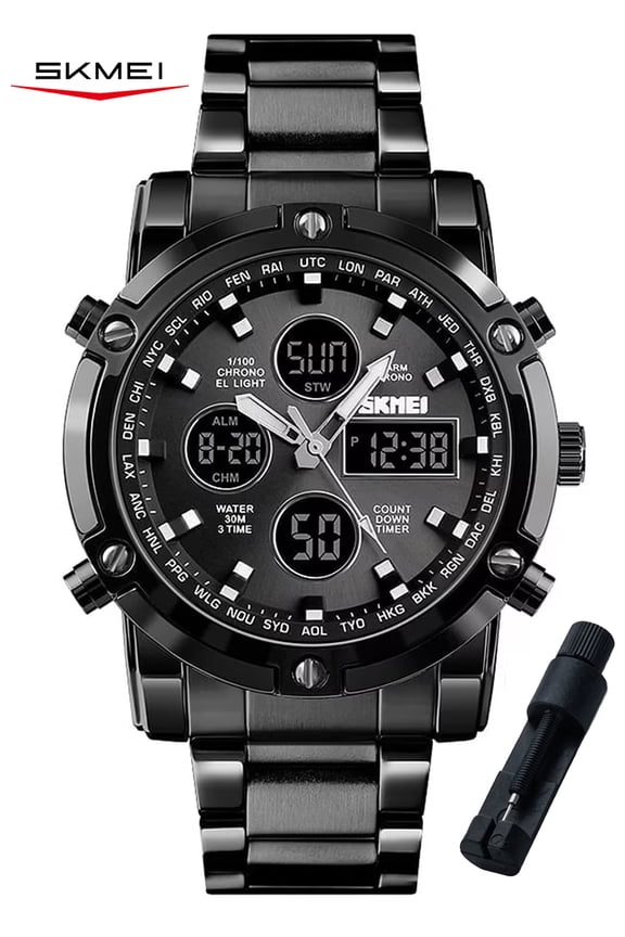 Mens Wrist Watch, Waterproof Military Analog Digital Watches with LED Multi Time Chronograph, Stainless Steel Business Quartz Watches for Men