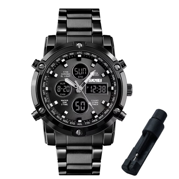 SKMEI Mens Wrist Watch, Waterproof Military Analog Digital Watches with LED Multi Time Chronograph, Stainless Steel Business Quartz Watches for Men