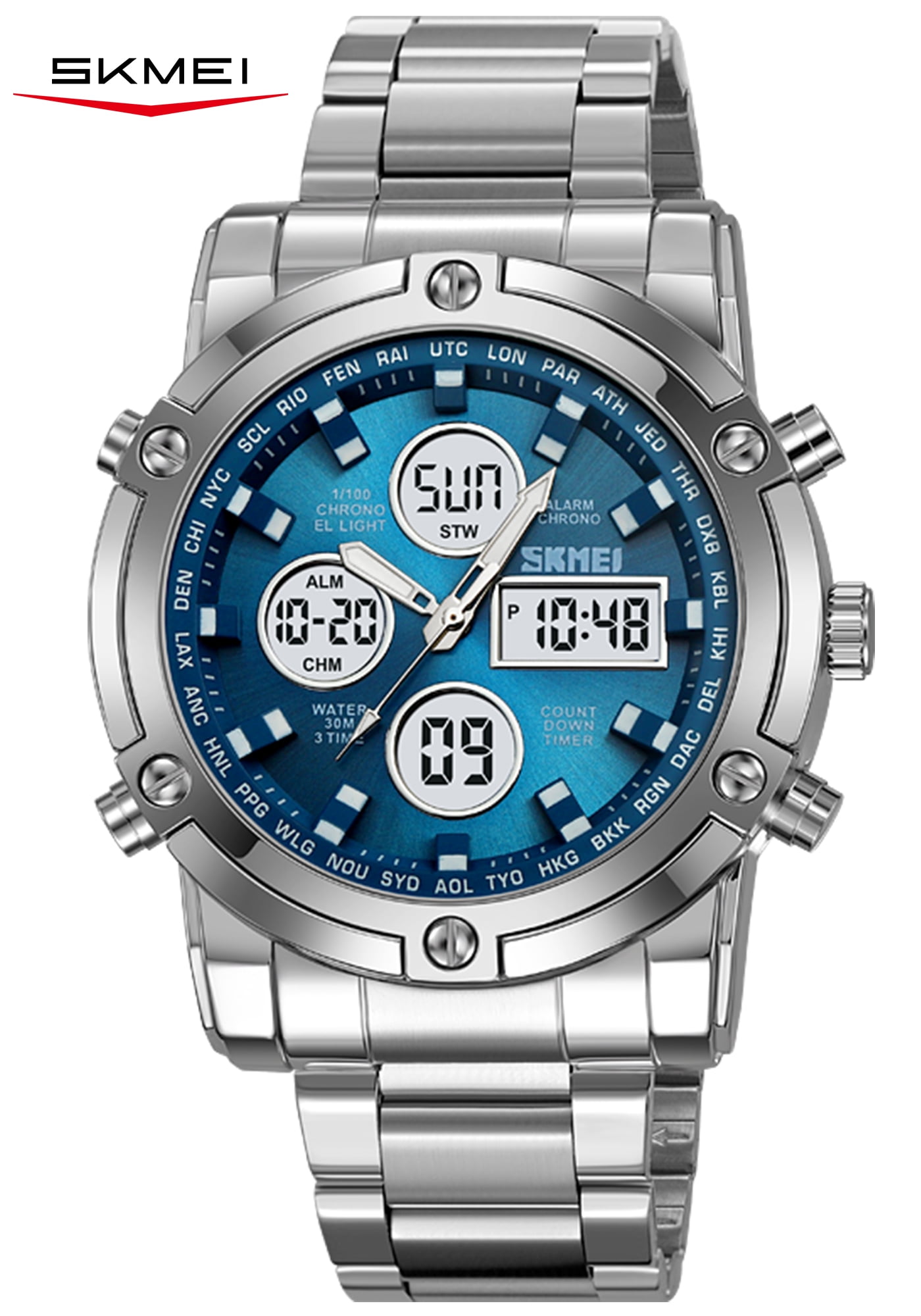 SKMEI Mens Wrist Watch, Waterproof Military Analog Digital Watches with LED Multi Time Chronograph, Stainless Steel Business Quartz Watches for Men