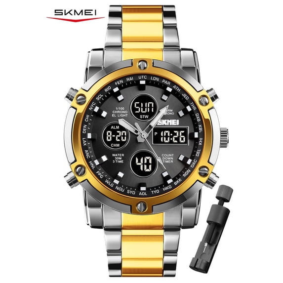 SKMEI Mens Wrist Watch Waterproof Military Analog Digital Watches with LED Multi Time Chronograph, Stainless Steel Business Watches for Men