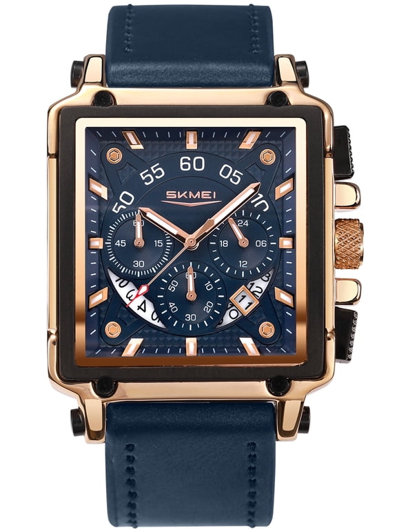 Watches for Men Chronograph Fashion Business Quartz Watch Luminous Waterproof Casual Wrist Watches Auto Date Rose Gold Case with Blue Dial (Leather Strap)