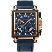 SKMEI Watches for Men Chronograph Fashion Business Quartz Watch Luminous Waterproof Casual Wrist Watches Auto Date Rose Gold Case with Blue Dial Leather Strap