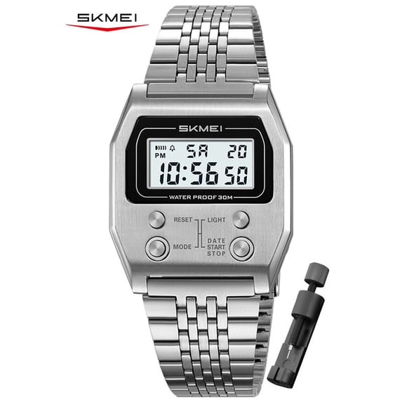 SKMEI Unisex Watch Slim Digital Wristwatch with Stainless Steel Bracelet, Stopwatch, Alarm, Countdown, Date and EL Backlight, Minimalist Style for Students, Work and Daily Wear