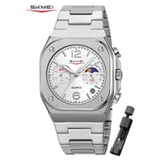 SKMEI Watch for Men, Polygonal Steel Band Quartz Watch with Sub-Dials and Stopwatch, Date Display and Decorative Moon-Style Dial