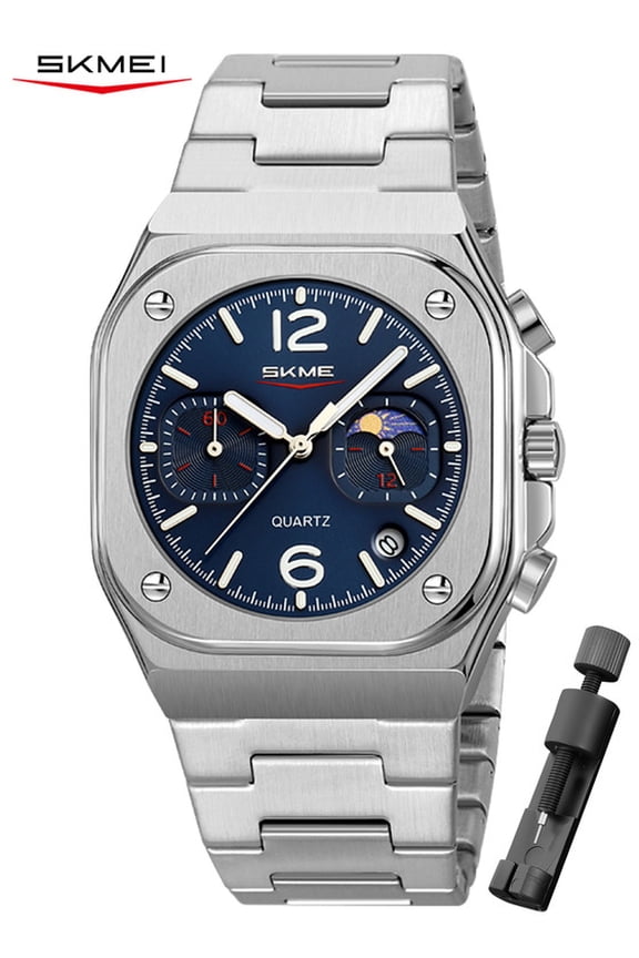 Watch for Men, Polygonal Steel Band Quartz Watch with Sub-Dials and Stopwatch, Date Display and Decorative Moon-Style Dial
