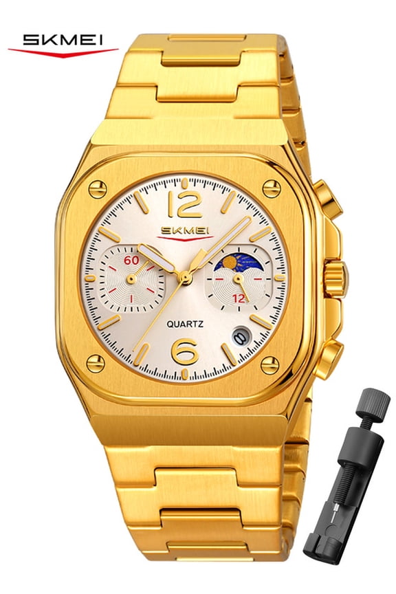 Watch for Men, Polygonal Steel Band Quartz Watch with Sub-Dials and Stopwatch, Date Display and Decorative Moon-Style Dial