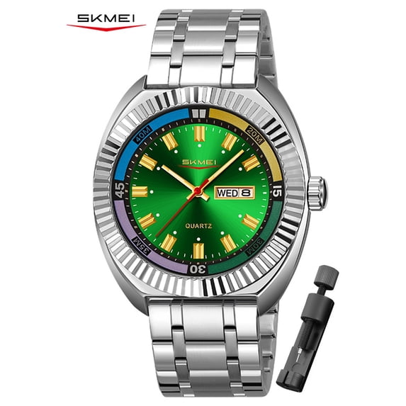 SKMEI Watch for Men, Round Quartz Watch with Date Display, Stainless Steel Band