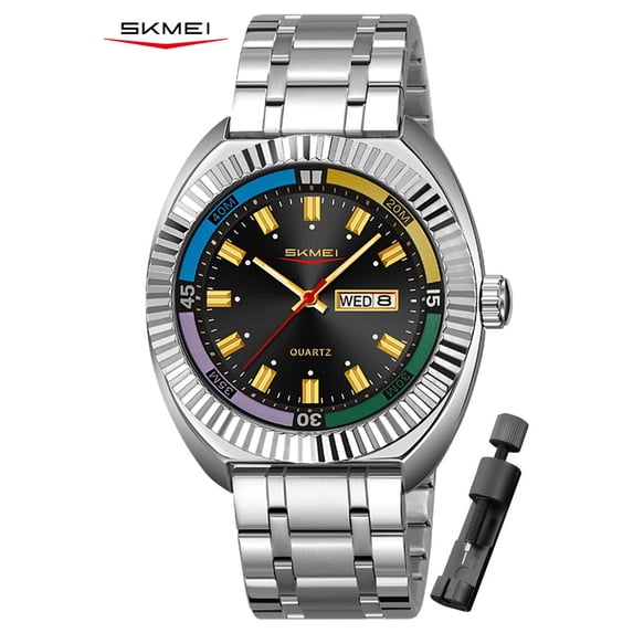 SKMEI Watch for Men, Round Quartz Watch with Date Display, Stainless Steel Band