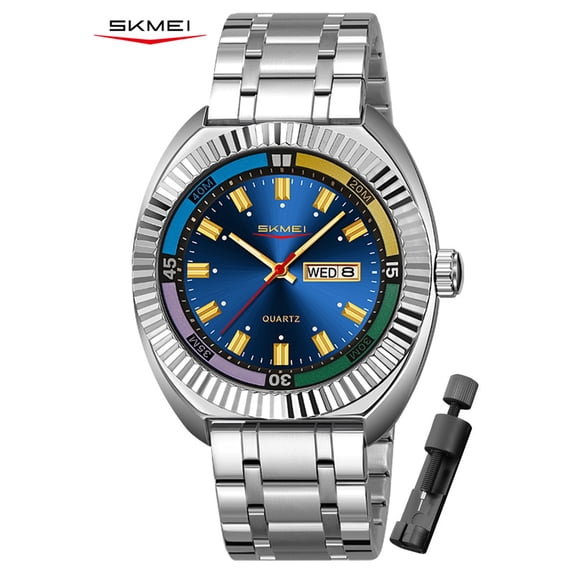 SKMEI Watch for Men, Round Quartz Watch with Date Display, Stainless Steel Band