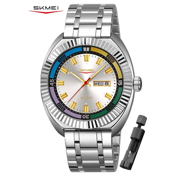 SKMEI Watch for Men, Round Quartz Watch with Date Display, Stainless Steel Band