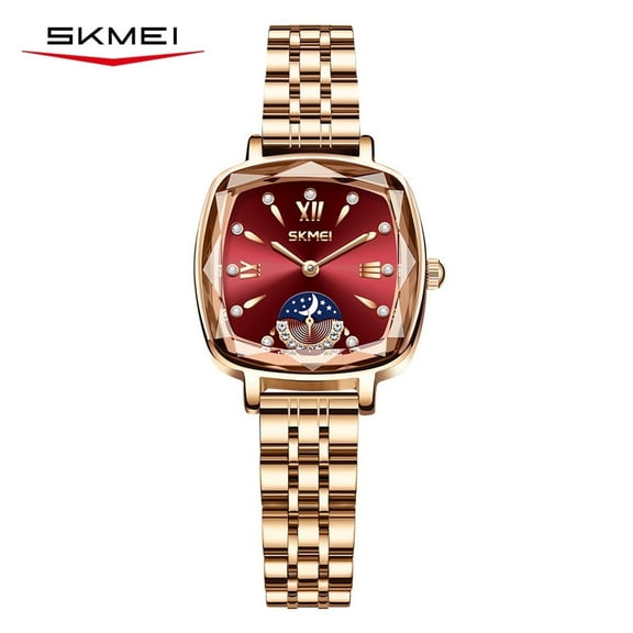 Skmei Women's Luxury Rose Gold Square Watch – Diamond Analog Quartz Stainless Steel Waterproof Dress Wristwatch