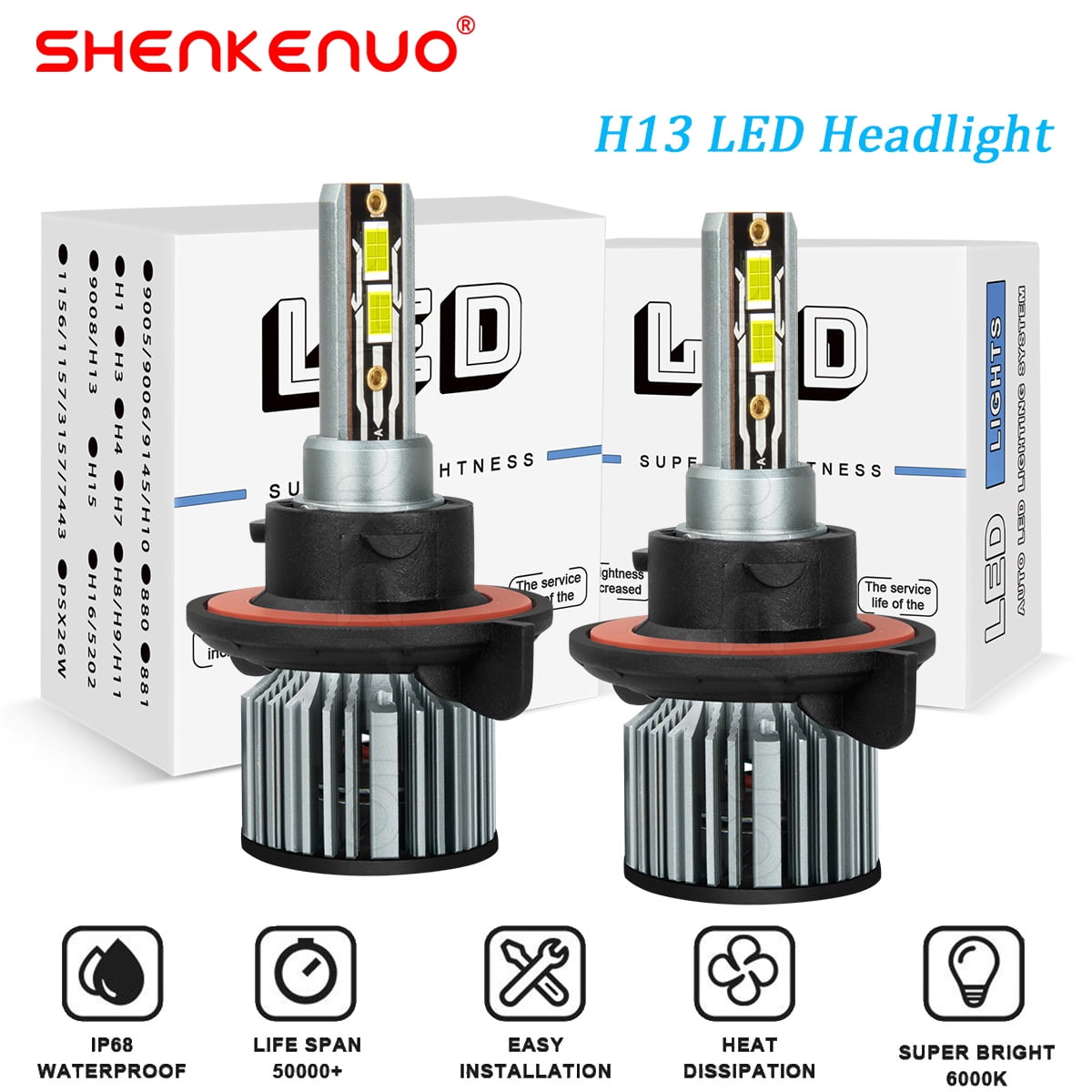SKN H13 LED Headlight Bulbs LED High Beam Headlamps 36W 3000LM 6500K