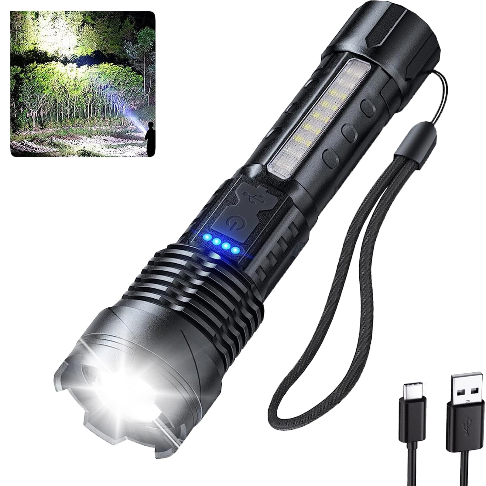 SKNSL 150000 Lumens Powerful Flashlight Rechargeable XHP90 Super Bright Waterproof Led Tactical Flashlight 7 Mode USB C Zoom Torch for Camping Emergency