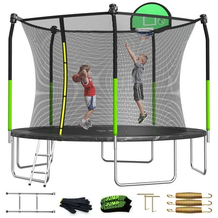 SKOK 12ft Trampoline with Safety Enclosure, Heavy Duty Bounce, Basketball Hoop, Ladder, Jump Mat & Spring Cover