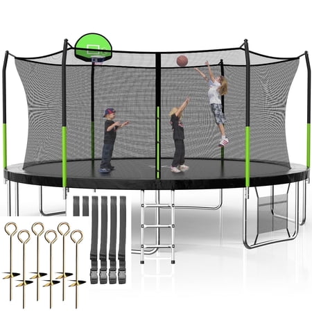 SKOK 14FT Trampoline with Basketball Hoop, Enclosure Net and Ladder, 400LBS Capacity(3 Box)