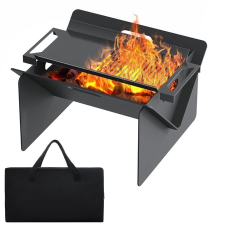 SKOK 18in BBQ Fire Pit for Outside 2 in 1 Portable Camping Fire Pit with Detachable Tray Wood Burning Charcoal Grill with Carry Bag