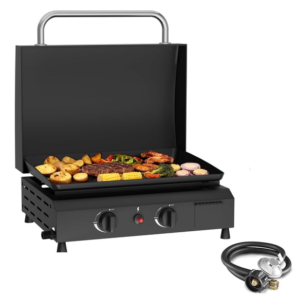 SKOK 17'' Portable 2-Burner Flat Top Gas Griddle with Hood, 30,000 BTU Outdoor Propane Griddle Station, 246 Sq. In. Cooking Surface for BBQ, Camping, Tailgating, Black