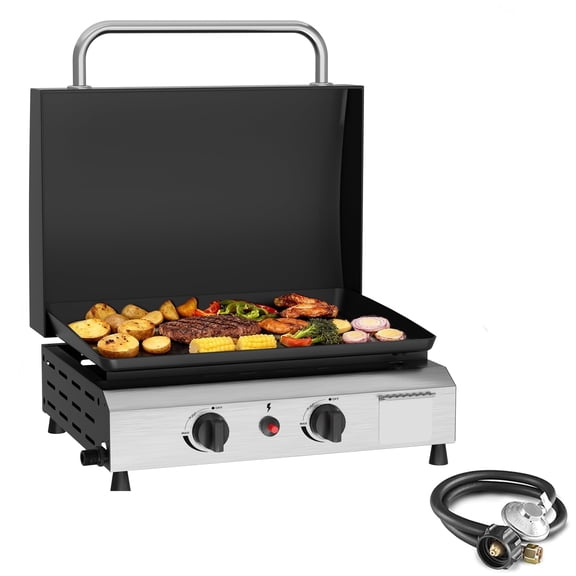 SKOK 17'' 2-Burner Portable Flat Top Gas Griddle with Hood, 30,000 BTU Outdoor Propane Griddle Station, 246 Sq. In. Cooking Surface for BBQ, Camping, Tailgating, Silver
