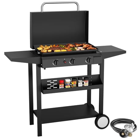 SKOK 23'' 45,000 BTUs Portable 3-Burner Propane Flat Top Gas Propane Griddle with Hood for Camping