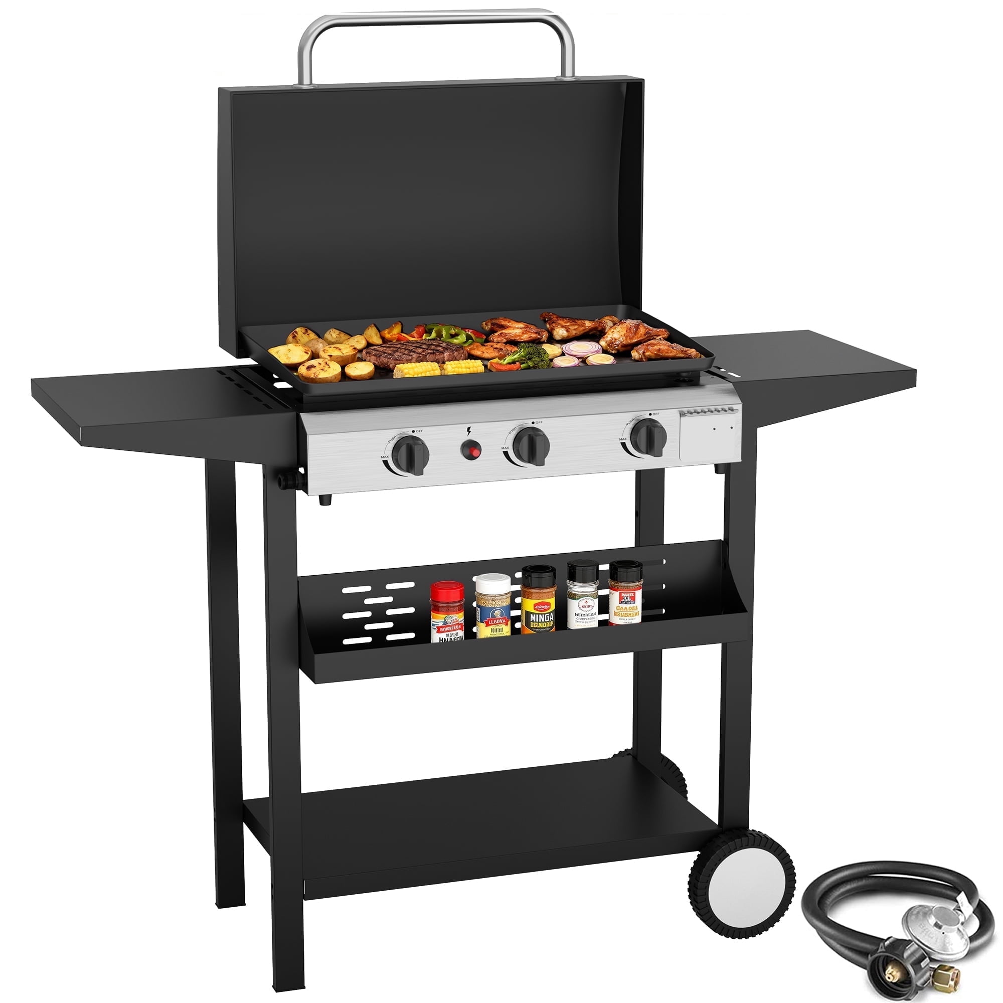 SKOK 23'' 3-Burner Portable Flat Top Gas Griddle with Hood, 45,000 BTU Outdoor Propane Griddle Station, 326 Sq. In. Cooking Surface & Side Shelves for BBQ, Camping, Tailgating, Silver
