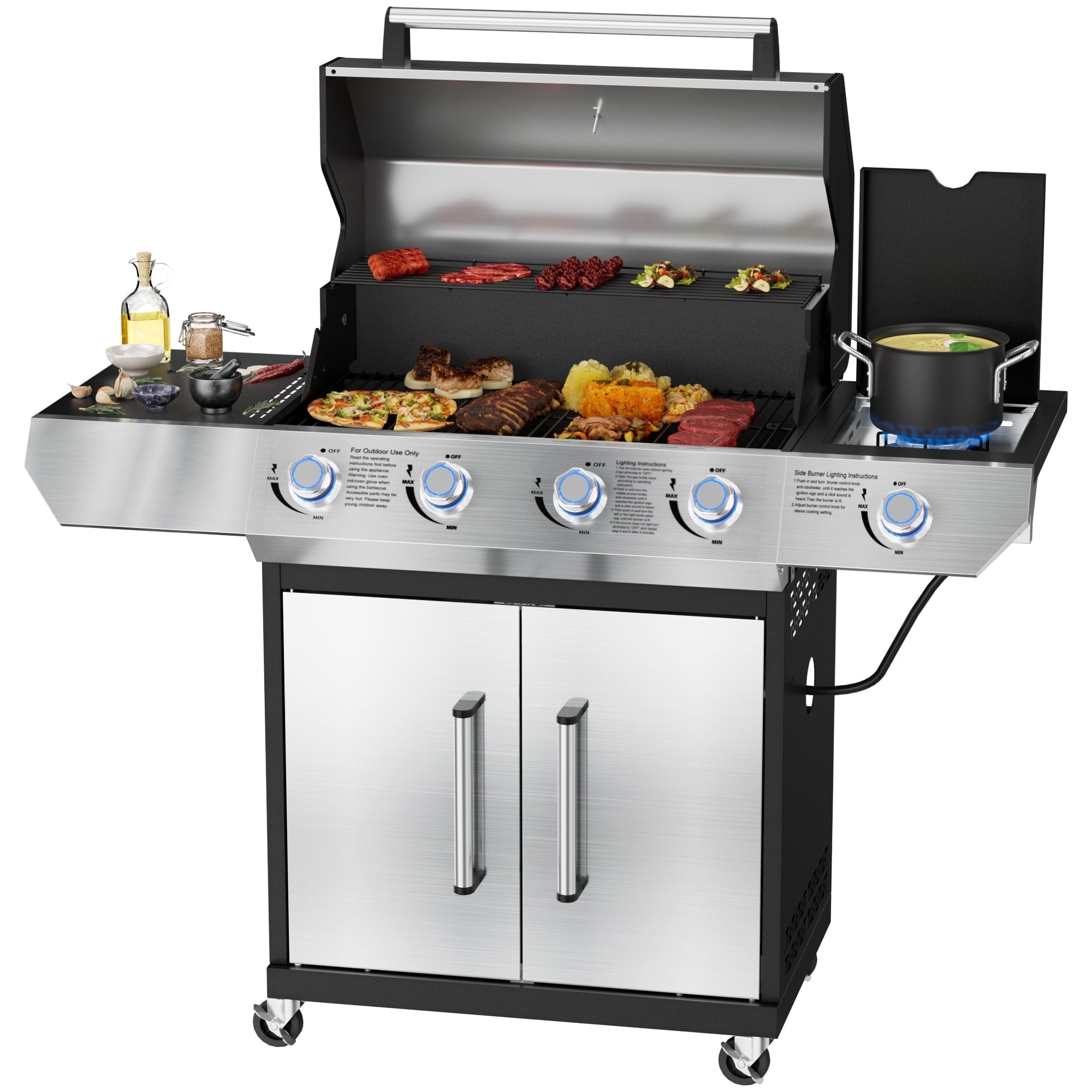 SKOK 4-Burner Gas Grill with Side Burner & Porcelain-Enameled Cast Iron Grates, 60,000 BTU, 629 sq. in. Cooking Area & LED Light Knobs for Outdoor Cooking