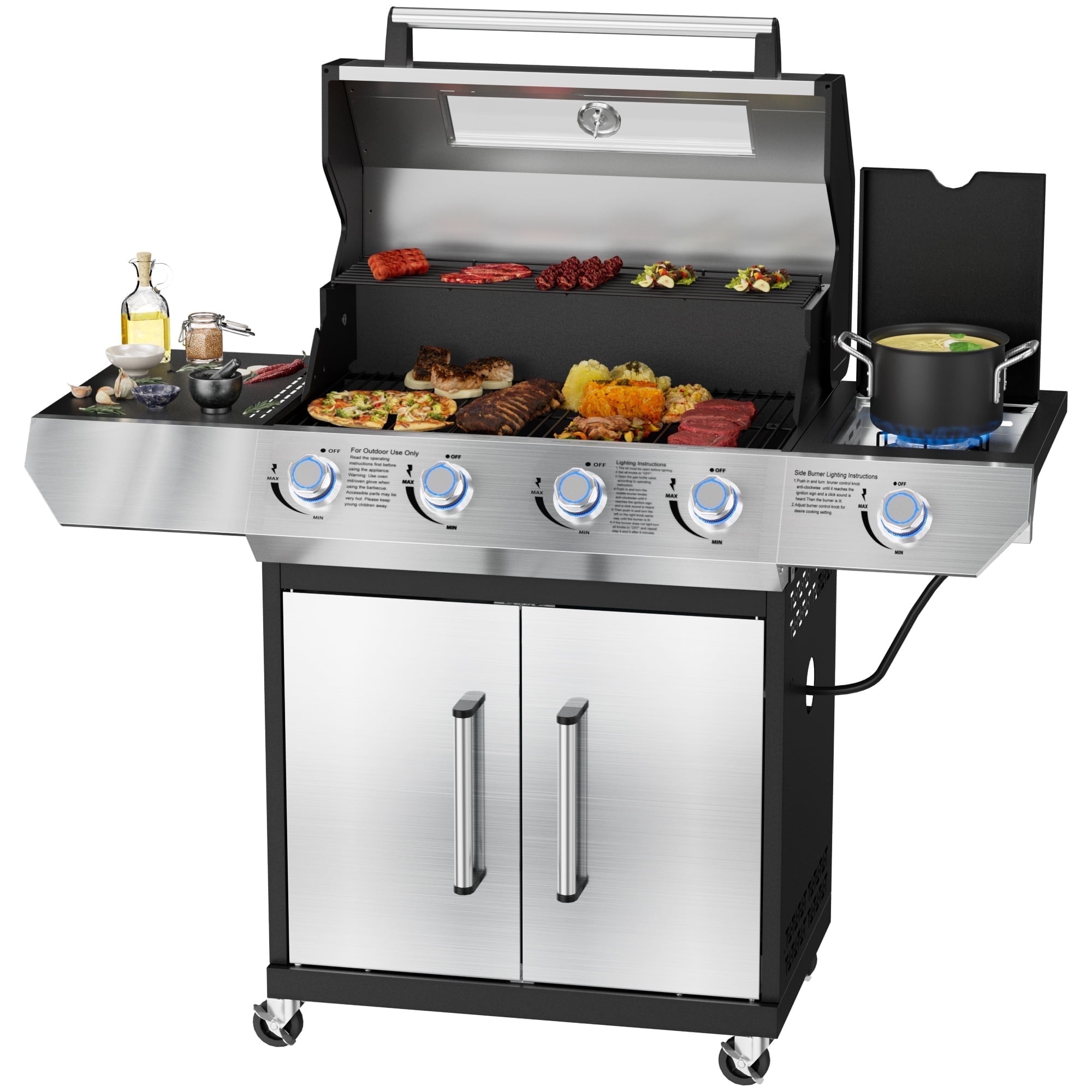 SKOK 4-Burner Gas Grill 60000 BTU, 629 sq in Cooking, LED Knobs, Side Burner, Porcelain Grates, Glass Panel, Outdoor