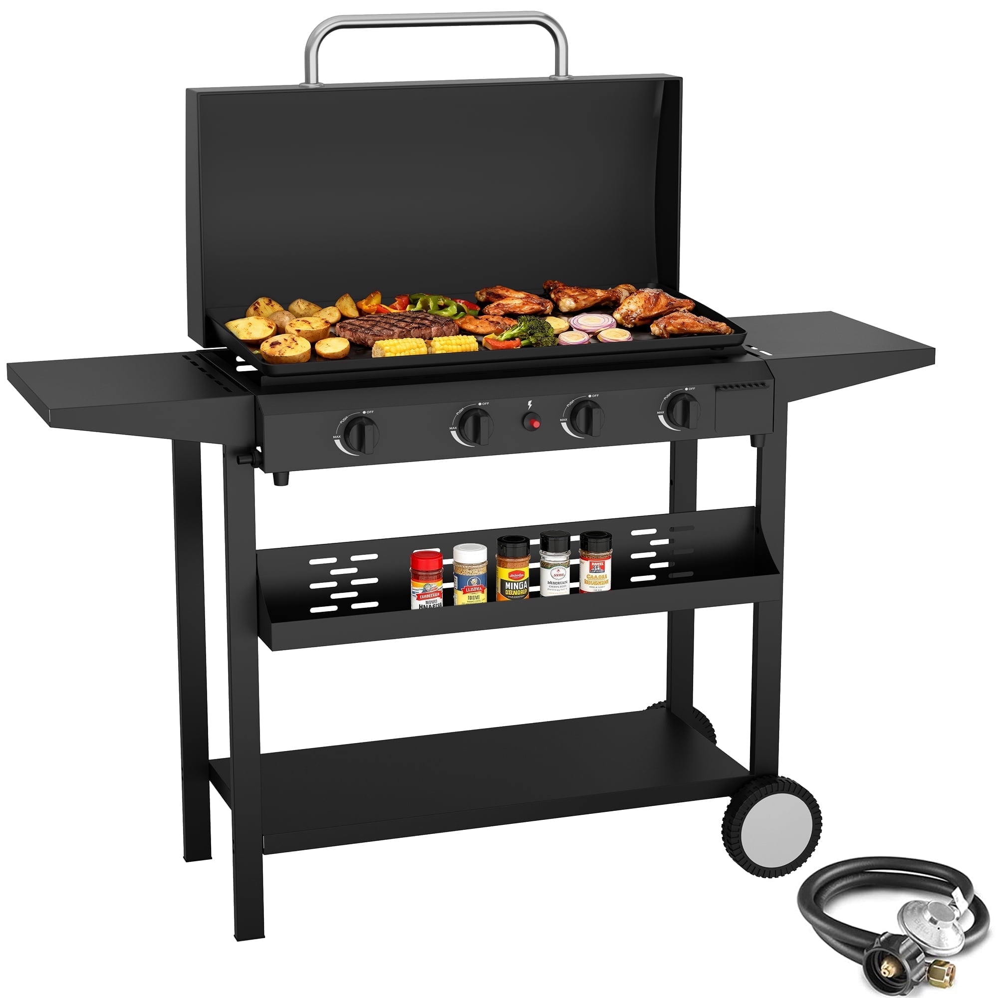 SKOK 30'' Portable 4-Burner Flat Top Gas Griddle with Hood, 60,000 BTU Outdoor Propane Griddle Station, 426 Sq. In. Cooking Surface & Side Shelves for BBQ, Camping, Tailgating, Black