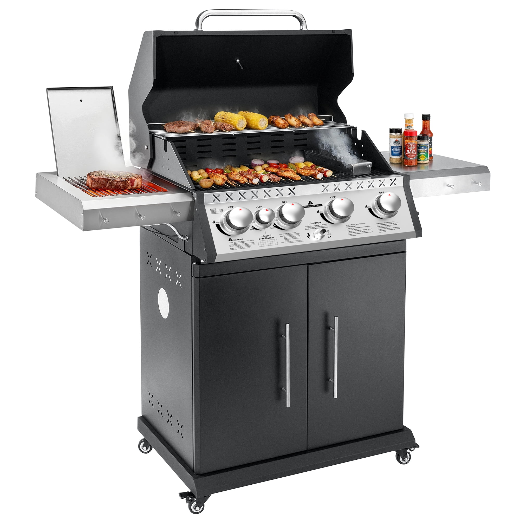 SKOK 4-Burner Propane Gas Grill with Infrared Side and Rear Burners - 60,000 BTU Outdoor Barbecue Grill with Porcelain-Enameled Cast Iron Grates, Patio & Backyard