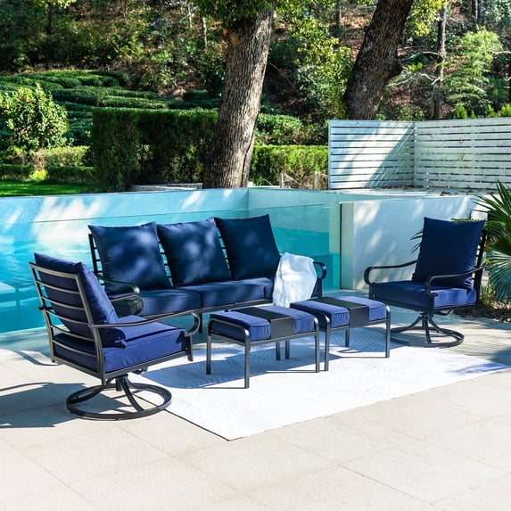 SKOK 5-Piece Metal Frame Outdoor Patio Furniture Set with Swivel Rocking Chairs and Ottoman, Navy Blue