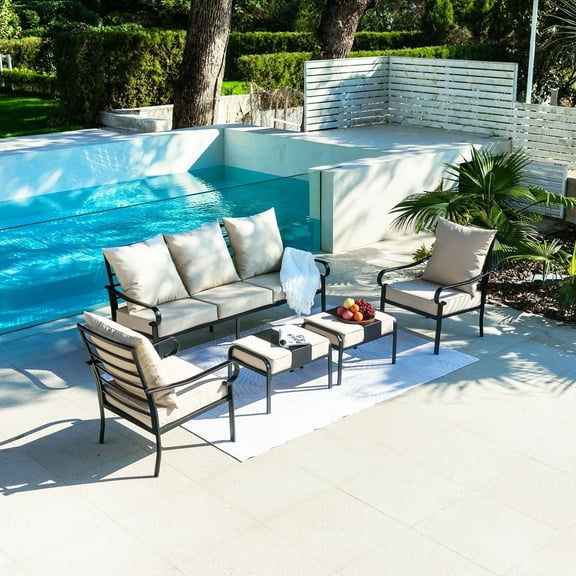 SKOK 5-Piece Outdoor Metal Frame Patio Furniture Set with Cushions and Ottoman, Beige