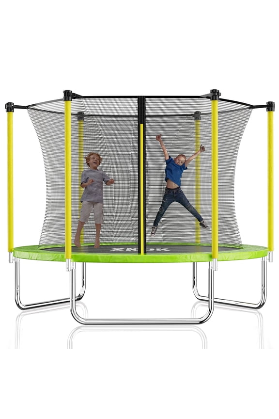 8ft Round Trampoline for Kids & Adults, Heavy Duty Outdoor Trampoline with Safety Enclosure Net for Family Fun, Green & Yellow