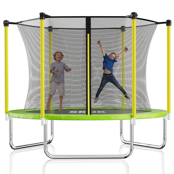 SKOK 8ft Round Trampoline for Kids & Adults, Heavy Duty Outdoor Trampoline with Safety Enclosure Net for Family Fun, Green & Yellow