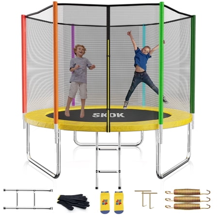 SKOK 8FT Backyard Trampoline with Enclosure Net & Ladder, Upright-Poled Outdoor Colorful Trampoline, 400LBS Capacity Waterproof Durable Trampoline for Kids & Adults Family Birthday Gift