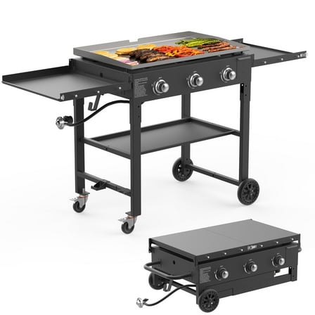 SKOK Foldable 3 Burners Gas Griddle - 31.5'' Outdoor Propane Flat Top Grill with Side Shelves - 45,000 BTU
