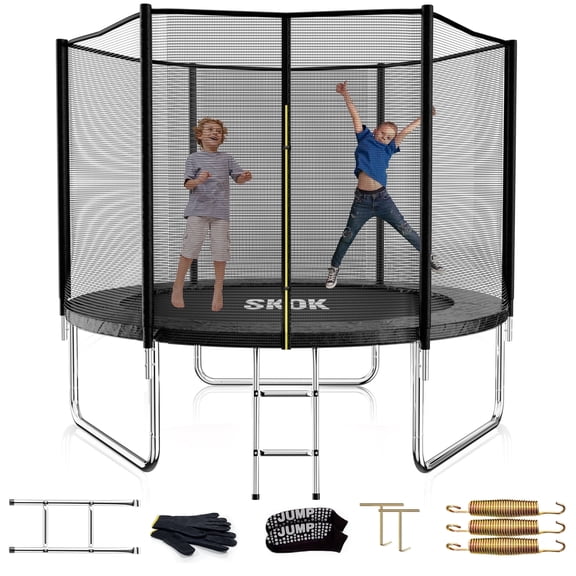 SKOK 8FT Trampoline with Safety Cage, 400LBS Capacity for Kids & Adults, Outdoor Use, Black