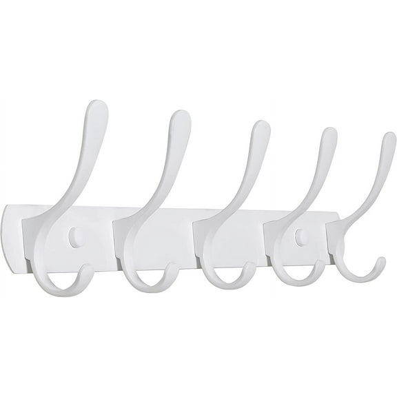 SKOLOO Coat Rack Wall Mount - Modern, Metal Wall Coat Rack with 5 Hooks, Sturdy Wall Hook Rack Rail for Hanging Coat, Jacket, Clothes, Hat, White