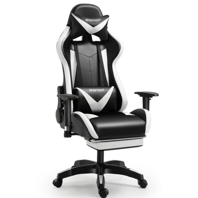 SKONYON Gaming Chair Executive Adjustable High Back Faux Leather Swivel Gaming Chair, Black/White New