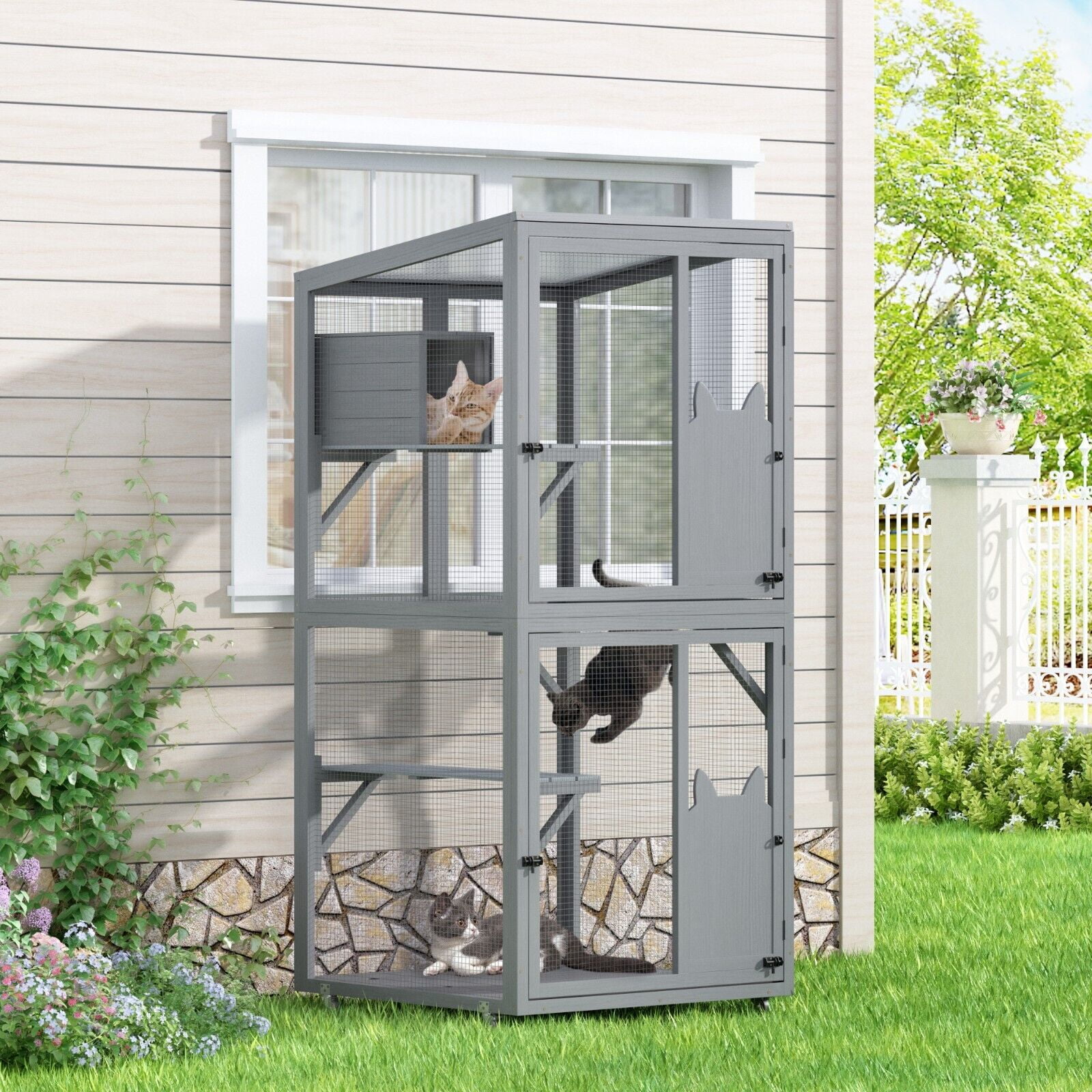 SKPXY Cat House Outdoor Cage Cat Enclosure on Wheels,Large Wooden Kitty ...