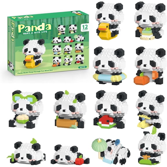 SKQIT 12 Pack Panda Mini Building Blocks Blind Box Set, Cute Panda Micro Brick, Party Favor, Prize, Birthday & Christmas Gift