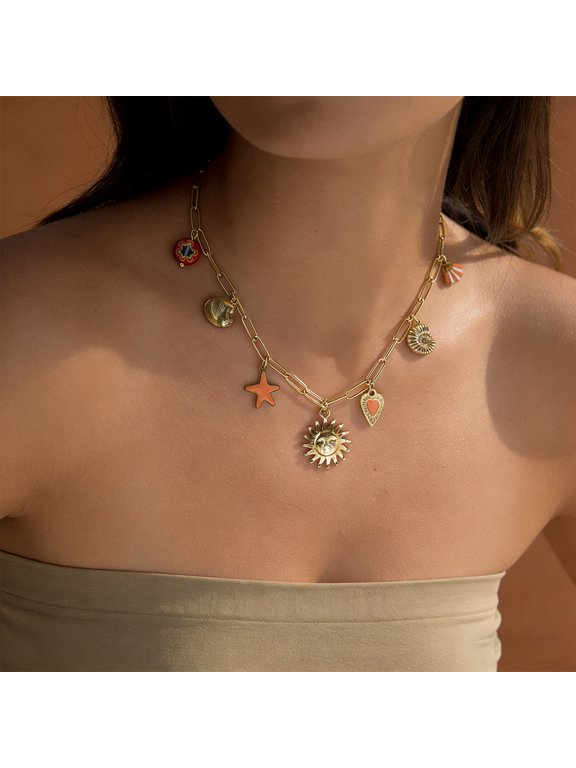 18K Gold Plated Paperclip Chain Multi-Charm Necklace, Sun Starfish Shell Conch Heart Enamel Pendant Clavicle Chain, Boho Summer Beach Vacation Jewelry for Women