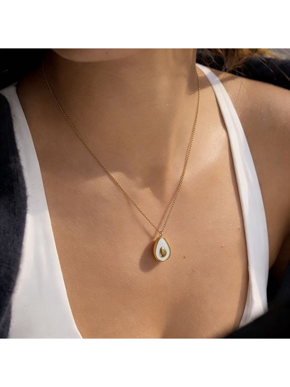 18K Gold Plated Stainless Steel Avocado Pendant Necklace, Natural Imitation Pearl Inlaid Dainty Clavicle Chain, Anti-Tarnish Cute Niche Jewelry for Women