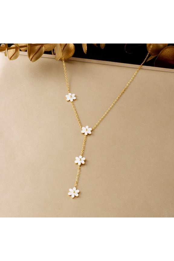 18K Gold-Plated Stainless Steel Four-Flower Dangle Necklace with White Shell Daisies - Minimalist Fashion Statement for Women