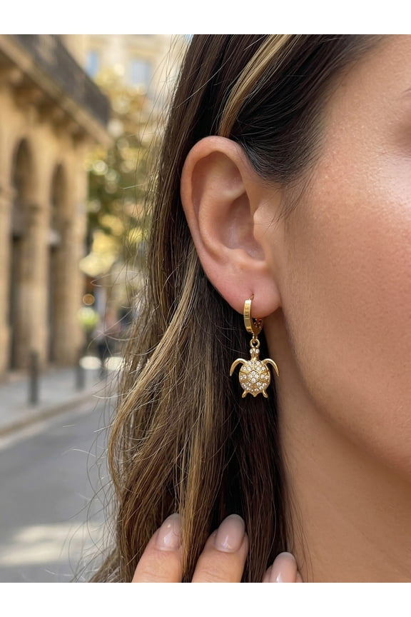 18K Gold-Plated Stainless Steel Sparkling CZ Turtle Drop Hoop Earrings - Chic & Playful for Every Look